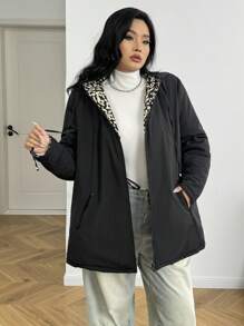 SHEIN EZwear 大码女式休闲豹纹收腰连帽加厚外套，可双面穿 - 彩色 - 查看 2
