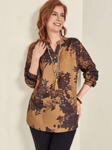 EMERY ROSE Plus Size Women Floral Print Cutout V-Neck Long Sleeve Loose Blouse Shirt, Autumn