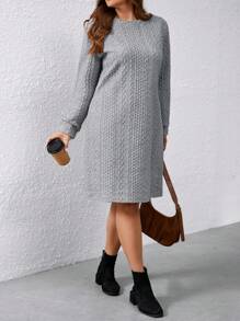 Plus Size Solid Color Textured Long Sleeve Dress, Suitable For Autumn And Winter