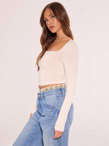 MUSERA 方领修身长袖露脐上衣，适合度假、春夏、秋季休闲穿着