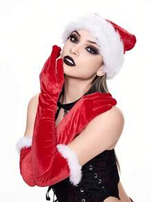 ROMWE Goth 1set Christmas Hat & Gloves Set, For Holiday Party - Burgundy - View 3