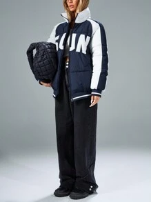 Aveloria Affinna Women's Winter Loose Fit Letter Embroidered Color BlockPadded Insulated Polyfill Synthetic Insulation Winter Coat Winter Jacket Jacket Fall Cloth For Women