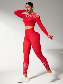 Easithlete Bộ đồ thể thao tập gym in hình bông tuyết Giáng sinh cho nữ dài tay và quần dài cho dịp Tết Nguyên đán - Đỏ và trắng - Xem 6