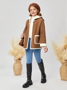 SHEIN Tween Girls' Fluffy Hooded Casual Jacket With Large Pockets, Ribbed Cuffs, Brown, Winter - Mocha Brown - View 4