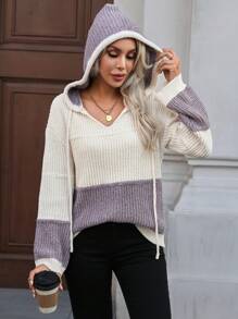 SHEIN LUNE Color Block Drawstring Casual Everyday Pullover Hoodie Knit Pullover Sweater Fall Winter - Multicolor - View 6