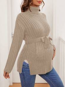 SHEIN Maternity Plain High Neck Dropped Shoulder Long Sleeve Casual Sweater With Side Slit Hemline, Autumn/Winter - Khaki - View 5