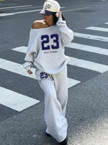 Muchica 2pcs Women's 23 Number Graphic Wide Neck Off Shoulder Loose Sweatshirt And Wide-Leg Thick Warm Pants Set, Suitable For Autumn/Winter Back To School Teacher