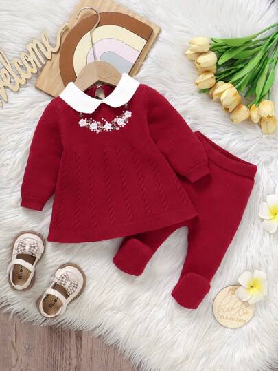 SHEIN Vintaside Kids 彼得潘领刺绣毛衣套装，适合女婴，长袖连衣裙，配有保暖连脚裤，简约日常服装，新生儿必备时尚单品