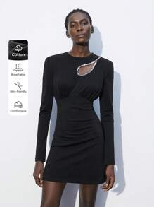 Maija Women's Rhinestone Decor Pleated Round Neck Long Sleeve Knit Short Dress,Black And Silver,Autumn,Elegant,Night Out Urban Fashion Solid Color Casual - Black - View 7