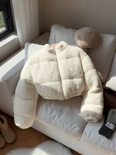 Comfortcana Chaqueta casual de plumón corta de unicolor con efecto borreguillo sintético para mujer, para invierno