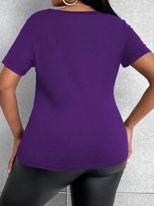 SHEIN Unity Plus Size Round Neck Short Sleeve Floral Hollow-Out Simple Casual Top - Purple - View 2