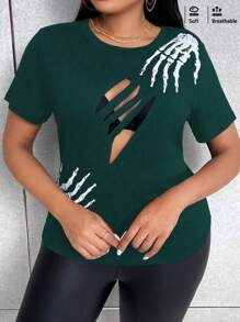 SHEIN Unity Plus Size Fashion Sexy Skull Print Hollow Out T-Shirt - Dark Green - View 1