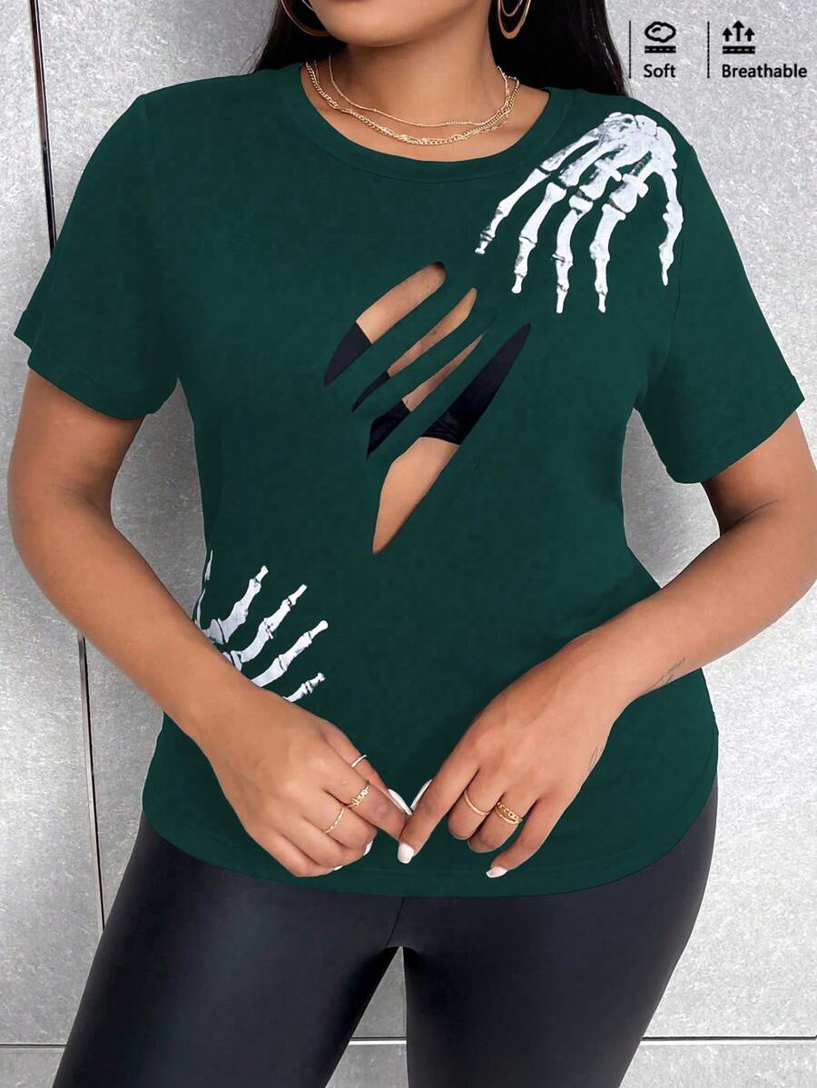 SHEIN Unity Plus Size Fashion Sexy Skull Print Hollow Out T-Shirt - Dark Green - View 1
