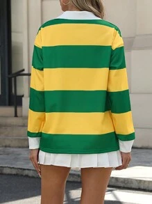 INAWLY 女式宽松黄绿条纹 Polo 领半拉链长袖 T 恤，复古学院风休闲风格图案 T 恤女式春季上衣 - 彩色 - 查看 2