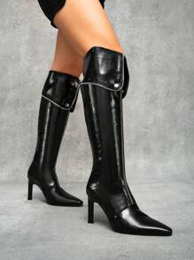 CUCCOO SZL Chaussures de mode pour femmes décorées de zippers, bout pointu, stilettos sexy, bottes noires de soirée avec zip latéral, bottes cheville et bottes genoux pour le style de rue, le mauvais comportement du Nouvel An, la fête de Noël - Noir - Voir 1