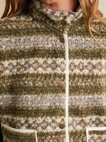 WESTFADE 春季多条纹图案对比滚边漏斗领长袖轻质羊羔绒泰迪夹克 - 彩色 - 查看 9