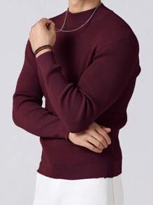 Manfinity Mode Men's Crew Neck Solid Color Long Sleeve Simple Knitted Sweater, Casual Everyday Wear, Fall/Winter - Burgundy - View 3