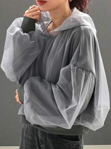 FRIFUL Women's Autumn Mesh Splice Drop Shoulder Loose Hoodie Pullover,Ruffle Sweatshirt - Grey - View 2