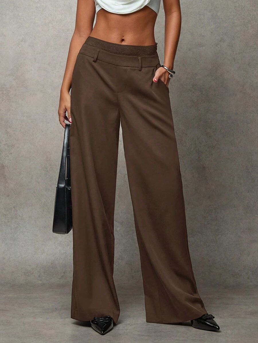 SHEIN BAE Women's Solid Color Commute Casual/Fashionable Street/All-Match Relaxed/Old Money Style Lace Contrast Waist Pockets Wide Leg Loose Pants - Coffee Brown - View 1