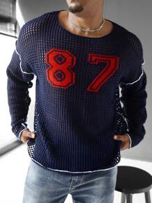 Manfinity Homme Plus Size Men's Fashion Hollow-Out Number Pattern Knit Sweater, Autumn - Multicolor - View 6