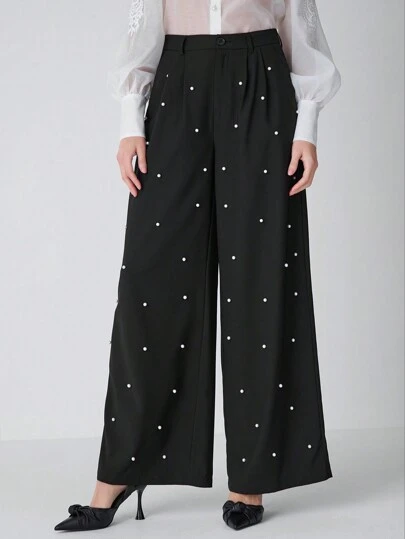 Enchnt Women's Black Solid Color Commuting Casual / Fashionable Outing / Versatile /    Bubble Beads  Pocket  Loose Wide Leg Pants, Suitable For Winter,New Years Clothes,Elegant Women Pants,For Christmas Party&Romantic Dinner Dates