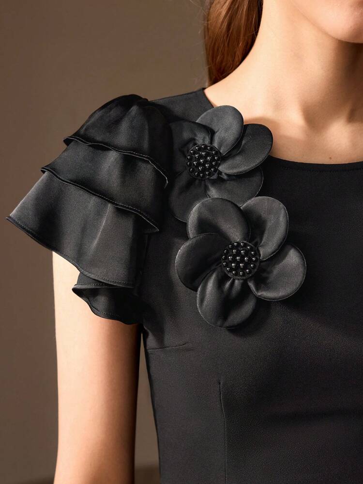 SOLID STEREO FLOWER DETAIL SLIM FIT SHORT DRESS,SPRING/SUMMER