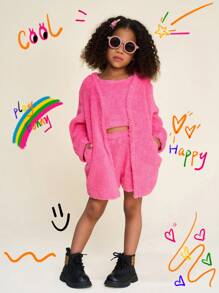 SHEIN Bộ 3 món: Áo len cardigan màu trơn, áo hai dây và quần short cho bé gái - Màu Hồng Tươi - Xem 1