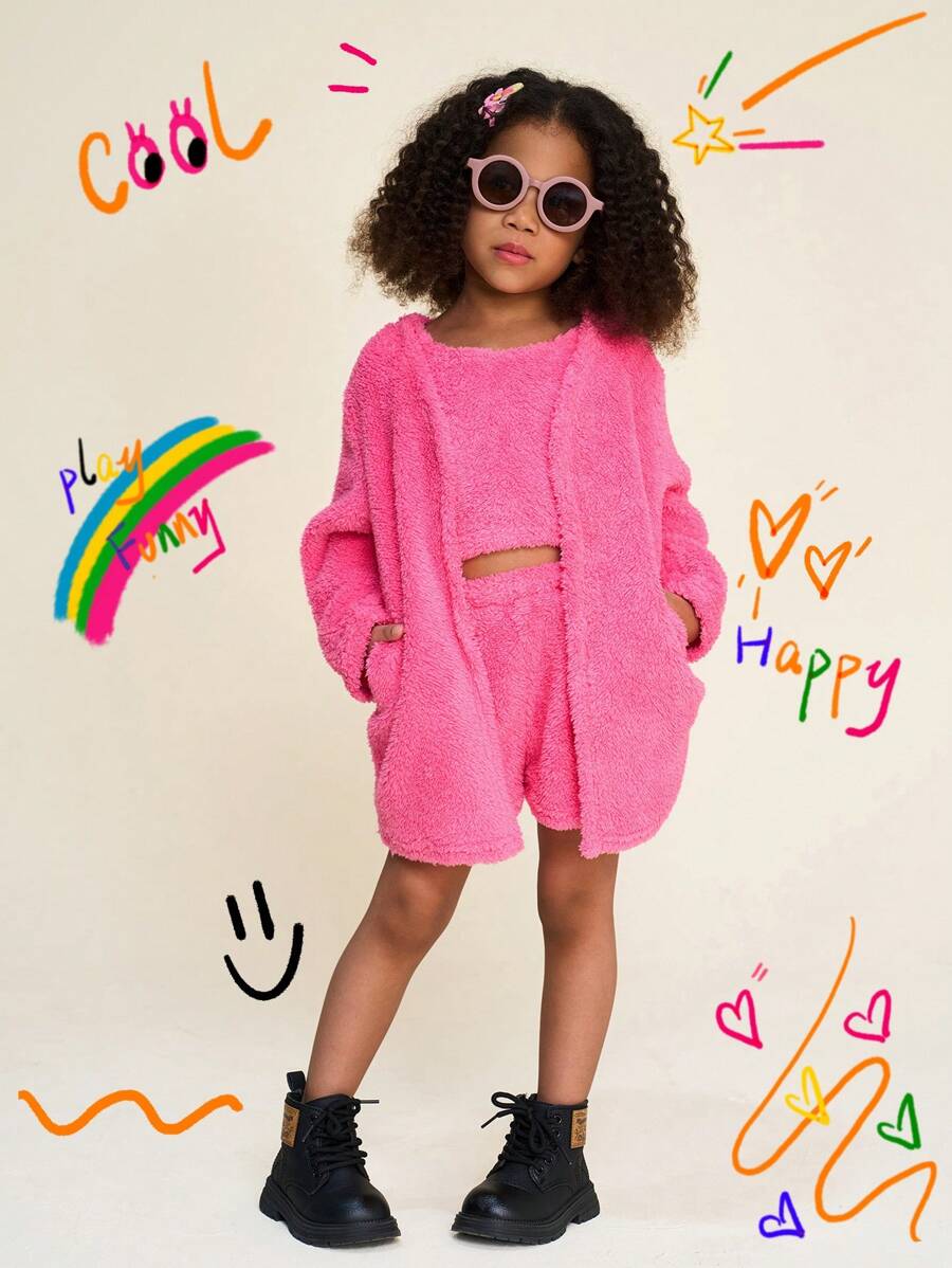 SHEIN Bộ 3 món: Áo len cardigan màu trơn, áo hai dây và quần short cho bé gái - Màu Hồng Tươi - Xem 1