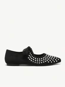 CUCCOO CHICEST Women's Pointed Toe Rhinestone Lace-Up Black Flat Loafers Valentines - Black - View 3