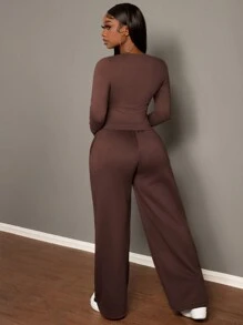 Slaydiva Bộ 2 quần thể thao dài tay đơn giản có dây rút màu nâu cho nữ + áo phông dài tay màu trơn, dành cho mùa thu/đông - màu nâu - Xem 2