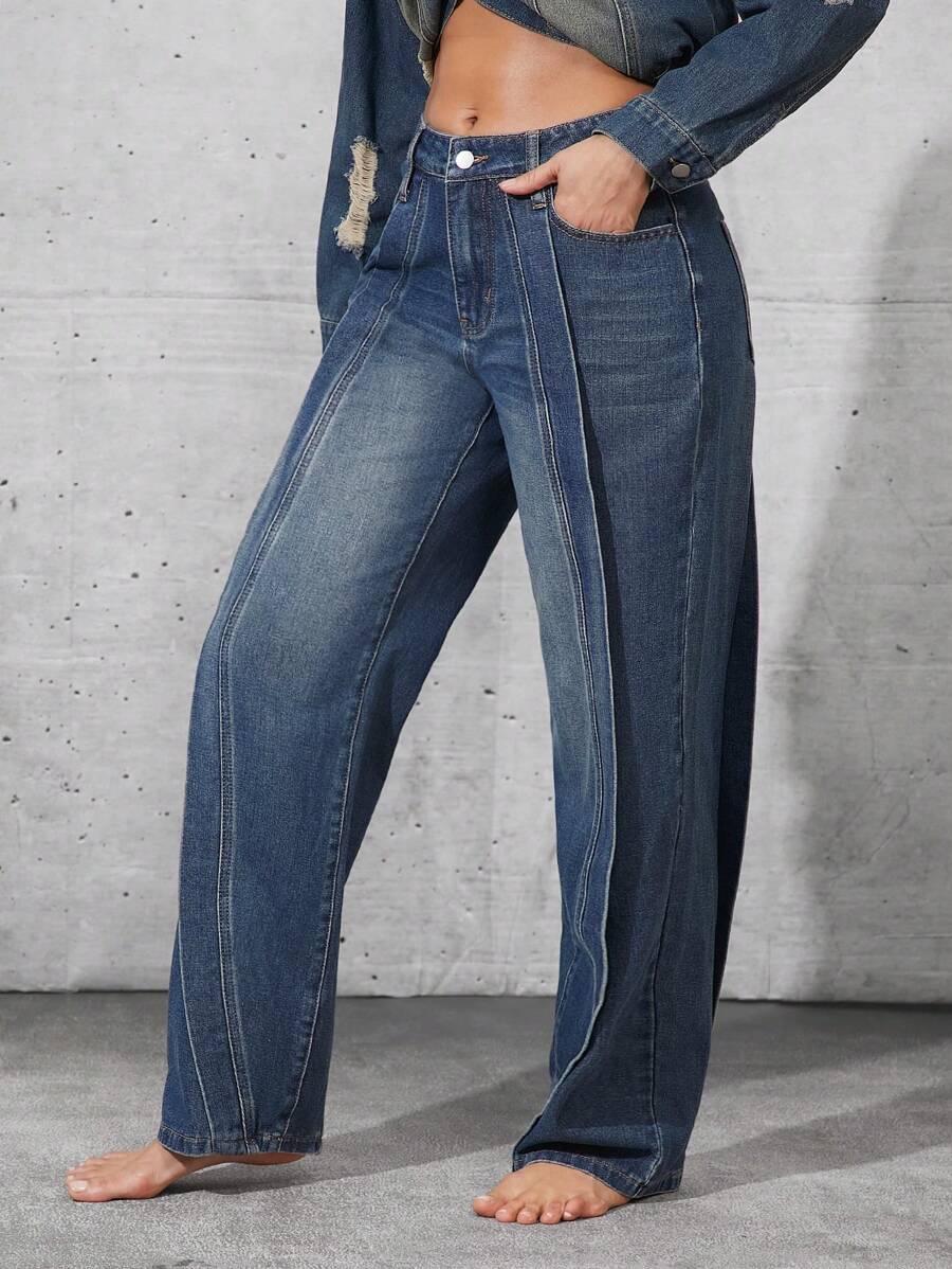 Denimoi 优质牛仔裤 女士牛仔裤 时尚牛仔裤 宽松版型 宽松牛仔裤 牛仔布 洗水牛仔裤 - 深色水洗藍 - 查看 1