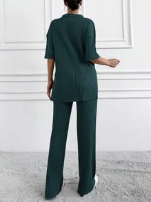 EURMUSE Cotton Two Pieces Set Polo Neck Top And Pant Set Rib Knit Fabric - Army Green - View 2