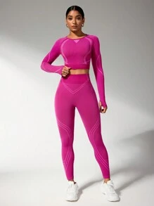 Core Rhythm 无缝女士条纹圆领插肩袖T恤和紧身裤运动服套装，适合春节健身穿着 - 酒紅色 - 查看 6