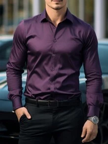Calvornis Áo sơ mi nam dài tay màu trơn thêu cổ tay, mùa thu - Màu tím - Xem 1