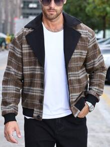 Manfinity Homme Chaqueta casual versátil de manga larga con estampado de cuadros para hombre, chaqueta cálida de diseñador color caqui para salir