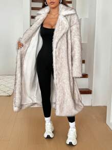 SHEIN EZwear Manteau élégant long et duveteux pour femme avec col montant, manches longues et poches