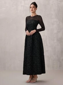 Poshira 1 Stück Damen elegantes Jacquardkleid mit raffender Taille, Mesh-Applikation und A-Linie Silhouette, Langarm, halbtragbar für Abschlussball, Hochzeitsgast, Abschlussfeier, Party - Schwarz - Übersicht 5