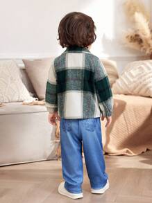 2pcs Infant Toddler Baby Boy 0-3Y Fall Winter New Fashion Casual Plaid Flannel Shacket And Printed Pants Outfit Set - Green - View 2