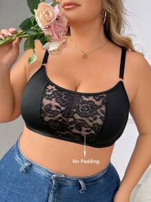 SHEIN Plus Size Contrast Lace Wireless Bra Lingerie - Black - View 1