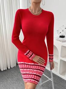 SHEIN Clasi Women Geometric Pattern Round Neck Long Sleeve Slim Fit Sweater Dress, Autumn/Winter For New Year Clothes Fall Cloth For Women - Red - View 5