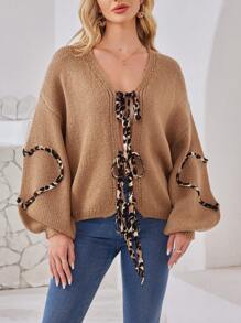 INAWLY New Women Cardigan, Featuring Leopard Print Bow Knot And Leopard Print Heart Sleeve Design