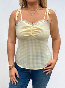 Flirla Amarelo Xadrez Tecido Criss-Cross Strap Backless Sexy Patchwork Renda Guarnição Mulheres Regata - Amarelo - Ver 3