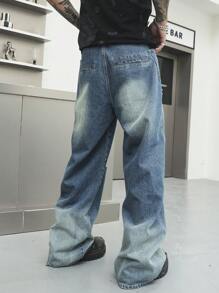 Manfinity EMRG Men's Dark Blue Washed Wide-Leg Baggy Denim Jeans - Dark Wash - View 2