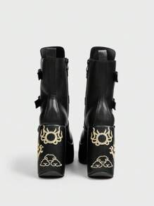 Sugerpunk Giày bốt da PU đế dày mũi tròn màu đen cho nữ, thời trang tối giản thoải mái khi mặc ngoài trời hàng ngày và dự tiệc, có khóa kéo bên hông và dây giày lớn - màu đen - Xem 4