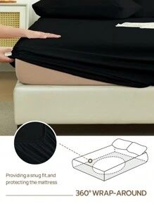 1 pièce Drap-housse de couleur unie, protège-matelas, doux et respirant, convient aux lits simples, doubles, queen et king. Linge de lit essentiel pour la maison et le dortoir - Noir - Voir 6