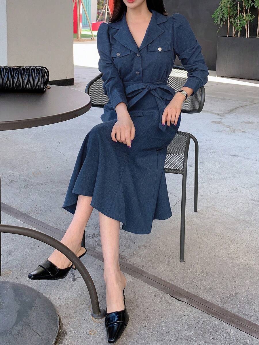 DAZY 女式牛仔鱼尾紧身连衣裙（配领带）秋季服装 - 藍色 - 查看 1