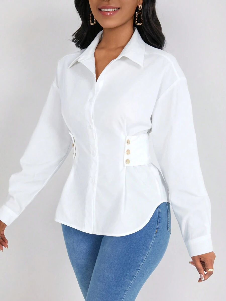 Lyxana Women Solid Color Long Sleeve Fitted Shirt, Minimalist Style, Suitable For Commuting, Autumn