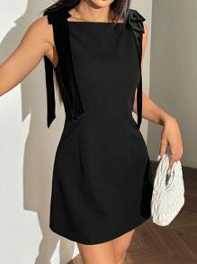 SHEIN EZwear 女士纯色蝴蝶结装饰优雅无袖迷你连衣裙 - 黑色 - 查看 3