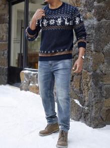 Manfinity Homme Plus Size Men Christmas Pattern Casual Pullover Graphic Colorful Long Sleeve Sweater, For Party, Friends - Multicolor - View 3