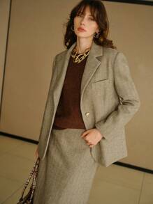 MOTF STUDIO HERRINGBONE PATTERN LAPEL COLLAR FLAP DETAIL BLAZER - Olive Green - View 4